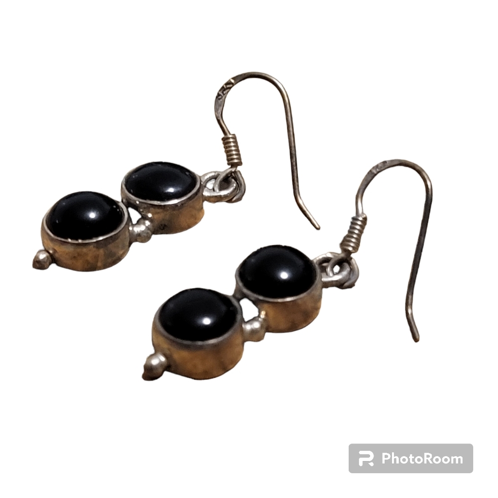 Vintage silver plated black onyx stone dangle earrings - Picture 4 of 5